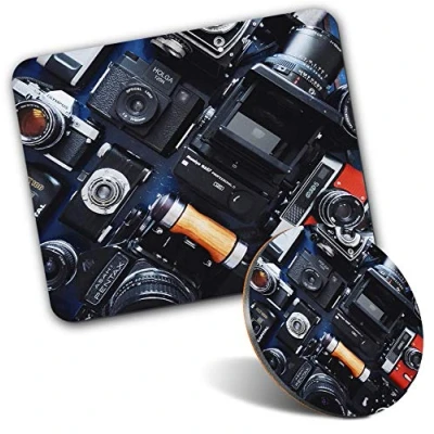 Image of Rectangle Mouse Mat &amp; Round Coaster Set Photography Camera Photographer Art 20 cm 9 for Computer Laptop, Office, Gift, Non slip Base #46029