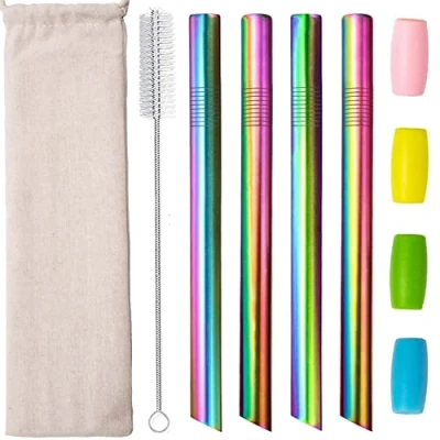 Image of Stainless Steel Bubble Tea Straw, Reusable Boba Straws Metal Angled Tips Fat Wide Thick Smoothie Milkshake Jumbo Straw with Travel Case Carry Bag Silicone Brush 12mm 4 Pack Sliver
