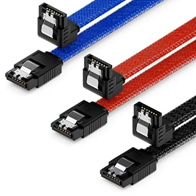 Image of deleyCON 3x 50cm (1.64 ft.) SATA 3 Nylon Cable Set Data 6 Gbit/s Connector Connection Main Board HDD SSD Hard Drive 1 S ATA 90 Angled Black Blue Red