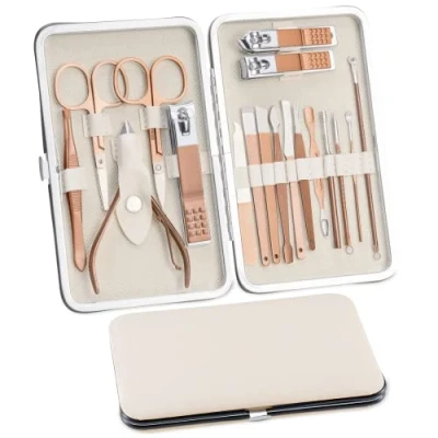 Image of Manicure Set 18 Pieces Nail Care Set, Pedicure Women&#039;s Men&#039;s Clippers Stainless Steel Case, Beauty Kit, Portable for Travel (Rose Gold)