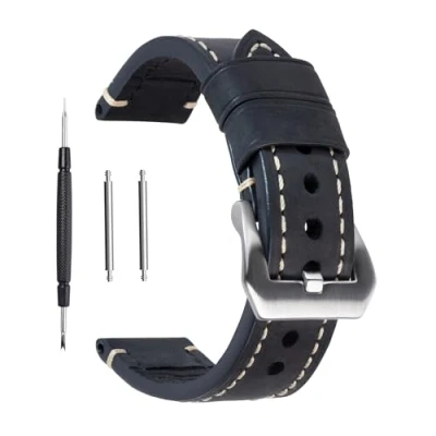 Image of Berfine Black 24mm Genuine Leather Wristwatch Watch Band Oil Tan Vintage Watchband for Men with Stainless Buckle