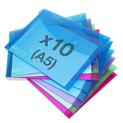 Image of Rapesco 1679 Popper Wallets, A5, Assorted Transparent Colours, Pack of 10