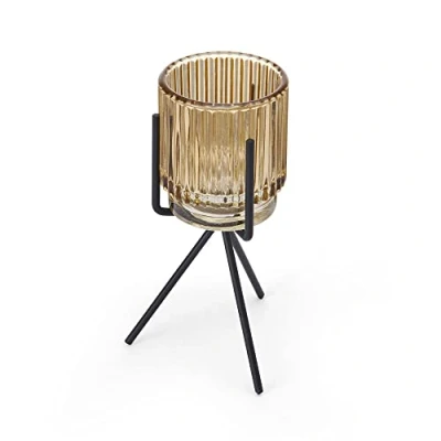 Image of Elements 3.94x3.94x6.89 Inch Gold Glass Candle Sticks Holder, Black Metal Stand Candleholder, for Use with a Wax or Flameless Tealight