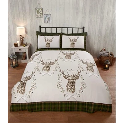 Image of Rapport Home 100% Brushed Cotton Flannelette ANGUS STAG Winter Duvet Quilt Cover Bedding Set (Single, Green)