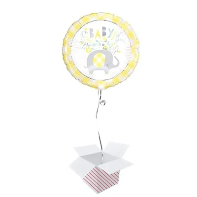 Image of Baby Shower Yellow Floral Elephant Round Foil Helium Balloon Inflated in a Box