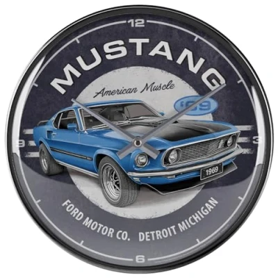 Image of Nostalgic Art Retro wall clock, Ø 31 cm, Ford Mustang 1969 Mach 1 Blue Gift idea for fans, large kitchenclock, vintage design