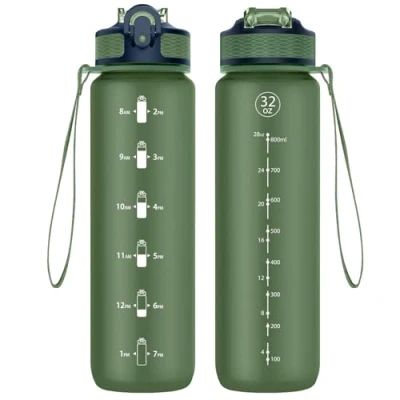 Image of NAVTUE 1L Water Bottle with Straw, Sports Drinks Time Markings, Leak Proof, Tritan BPA free for School/Cycling/Running(DeepGreen)