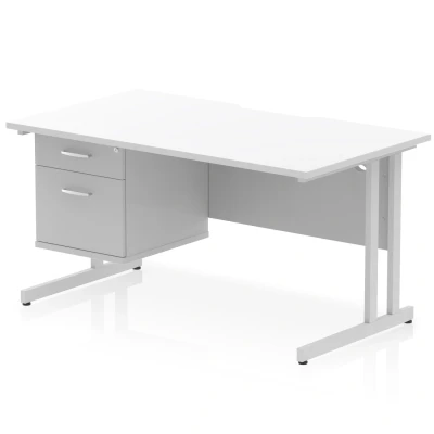 Image of Impulse 1400 x 800mm Scalloped Edge Straight Office Desk White Top Silver Cantilever Leg Workstation 1 2 Drawer Fixed Pedestal