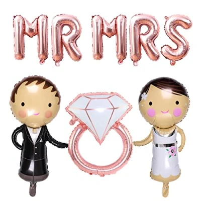 Image of Kawailay 8 Pcs Giant Bride Groom Foil Balloons Bridal Shower Marriage Decoration Balloon Diamond Ring Mylar MR MRS Letter for Wedding Engagement Anniversary Party Decor