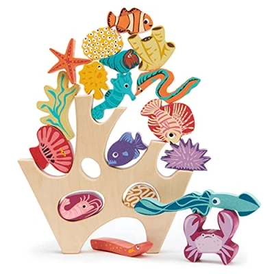 Image of Tender Leaf Toys Wooden Stacking Coral Reef Balancing Toy for Children and Toddlers Manual Dexterity Cognitive Development Ages 18 Months +
