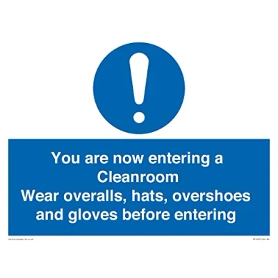 Image of Cleanroom Wear overalls, hats, overshoes and gloves before entering Sign 400x300mm A3L