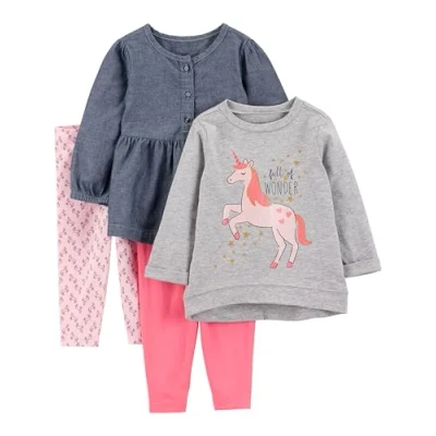 Image of Simple Joys by Carter&#039;s Baby Girls&#039; 4 Piece Long Sleeve Shirts and Trousers Playwear Set, Denim/Grey Unicorn/Light Pink/Pink, 12 Months