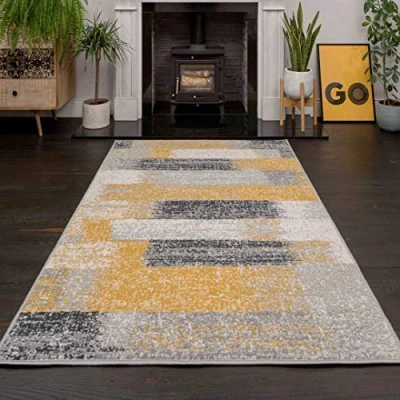 Image of Extra Large Ochre Grey Distressed Abstract Living Room Carpet Rug Modern Painterly Sitting Lounge Area Rugs 240cm x 320cm