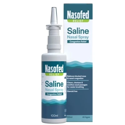 Image of Nasofed Saline Nasal Spray. Isotonic Solution. Effective and Gentle Relief from Congestion Caused by colds, sinusitis, hayfever Allergies. 1 x 100 ml