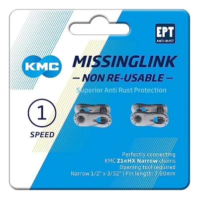 Image of KMC Z1eHX EPT Non Re Usable Single Speed MissingLink Joining Link, Dark Silver, Narrow (3/32&quot;)