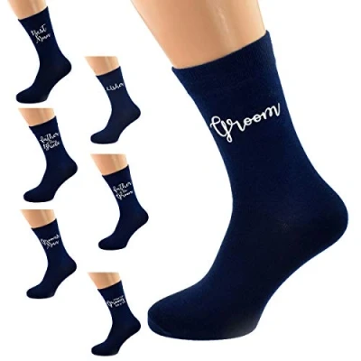 Image of Navy Blue Wedding Script Design Socks UK Adult 5 12 in Various Roles (So You Don&#039;t Get Cold Feet)