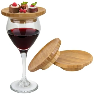 Image of BambooMN Dual Use Bamboo Coasters/Wine Glass Topper, 4&quot; Vertical Cut Round 4 Piece Set