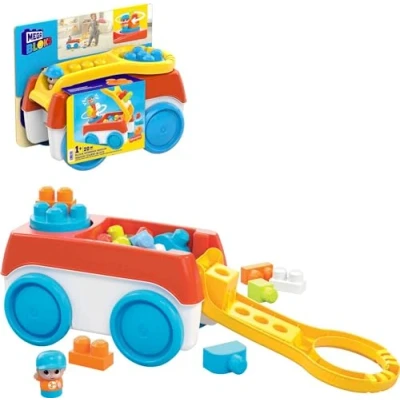 Image of MEGA BLOKS Fisher Price Toddler Building Toy, Block Spinning Wagon with 20 Pieces and Storage, 1 Figure, Gift Ideas for Kids Age 1+ Years, HHN00
