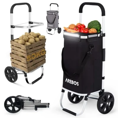 Image of AREBOS 3in1 shopping trolley large 56 liters cart with cooler compartment bag wheels foldable detachable trolley, hand black
