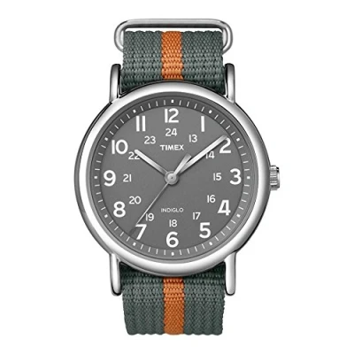 Image of Timex unisex adult Weekender 38 mm Watch, Grey/Orange Stripe,