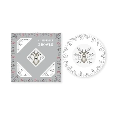 Image of RSW Set of 2 Porcelain Christmas Bowls White with Stag Design 8 Themed Tableware Perfect for Dinner Festive Seasonal Xmas Bowl