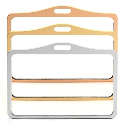 Image of 1x Gold Aluminium Metal ID Card Badge Holders by LanyardsTomorrow Horizontal Landscape Open Faced Dual Identity Pass Protector Holds Two Cards 86mm 54mm cr80 Credit Sized Single 1pc