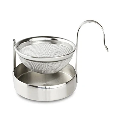 Image of Café Ole Carded Mesh Tea Infuser/Strainer with Drip Bowl Caddy, Stainless Steel, 8.5 x 5.7 6.2 cm