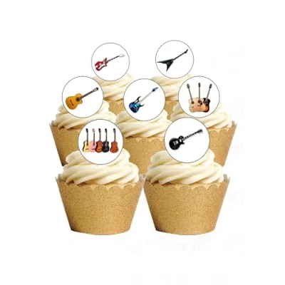 Image of 24 Precut Round Edible Wafer Paper Guitar Musical Instrument Themed Cake Toppers Decorations