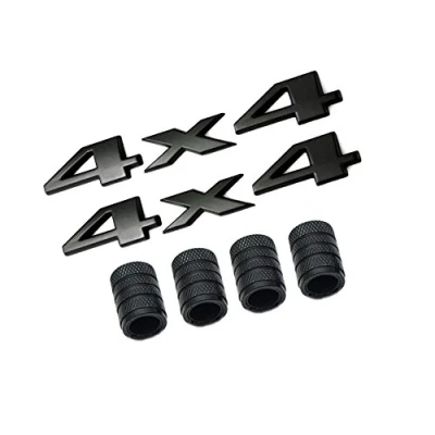 Image of HIGGER 1Pcs 3D Metal 4X4 Logo Car Badge Emblem Sticker +4Pcs Knurled Style With Plastic Core Valve Caps for Universal Styling Decorative Accessories (Black)