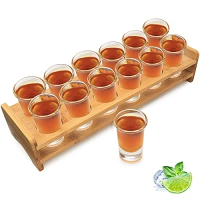 Image of SuproBarware Shot Glass Set Bulk Cocktail Holder and Glasses 1oz/30ml Drinks Serving Board Organizer with Clear Crystal 12 pcs for Liquor Shots Whisky Brandy Vodka Rum at Home Party Bar