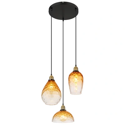 Image of Salvy Cluster Pendant Ceiling Light Matt Black Amber Glass Shade 3x E27