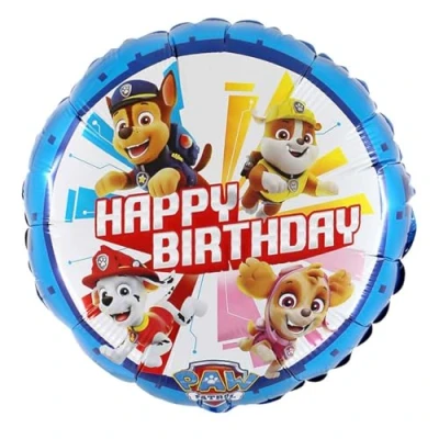 Image of Grabo Paw Patrol Birthday Balloon, Round Balloon for Children&#039;s Parties with Dogs, Foil Straw to Inflate it. Colourful Balloons Made in Italy 35 x cm