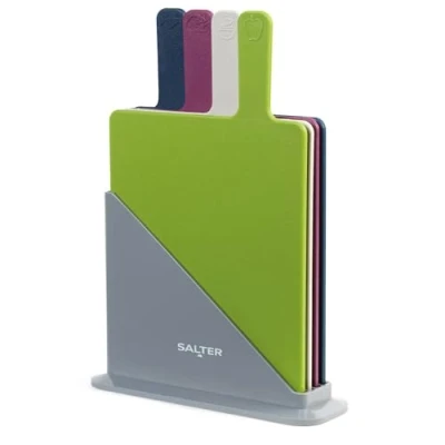 Image of Salter BW04768 Set of 4 Chopping Boards Rectangular Kitchen Cutting Boards, Charcuterie with Non Slip Stand, Index Style Board Food Preparation Indicators, Dishwasher Safe