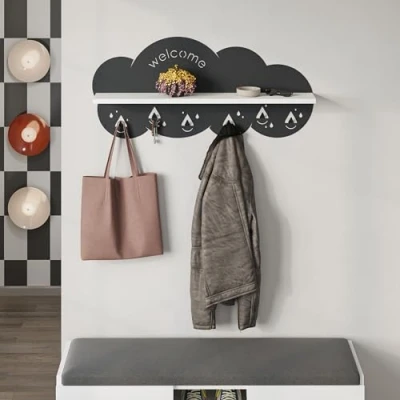 Image of HOCUS PICUS Metal Wall Mounted Hanger with Shelf, 6 Hook for Coats, Cloud Shape Design, Functional Storage, Organizer Home, Welcome Decorative (White)