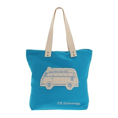 Image of BRISA VW Collection Volkswagen Reusable Canvas Shopping Beach Bag with T1 Bus Campervan Motif (Silhouette/Light Blue)