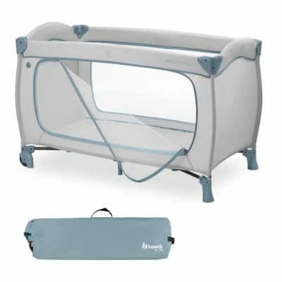 Image of hauck Sleep N Play GO PLUS, Dusty Blue Travel Cot for Babies and Toddlers with XL Hatch, Wheels Bag, Lightweight, Fast Compact Folding, 120cm x 60cm, from Birth up to 15 kg