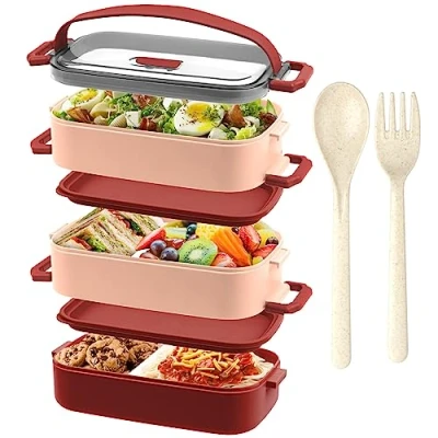 Image of OITUGG Lunch Box Premium 3 Layer Bento for Adults Work 2200ml Lunchbox with Cutlery and Pcs Compartment Adjustable, Leak Proof, BPA Free, Microwaveable, 19.5 x 11.2 15cm, Red