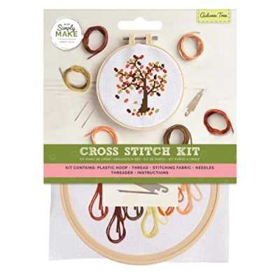 Image of Simply Make Cross Stitch Kit Autumn Tree Design for Kids and Adults, Including Hoop, Embroidery Thread, Fabric Needle Perfect Adult Crafts Beginners Starter Craft
