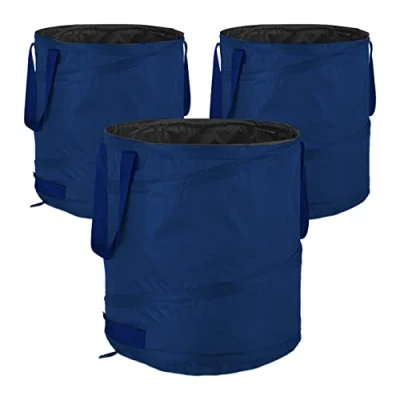 Image of Relaxdays Pop Up Garden Waste Bags, Set of 3, 85 L, Outdoor Refuse Sacks, 3 Handles, UV Resistant, Waterproof, Blue