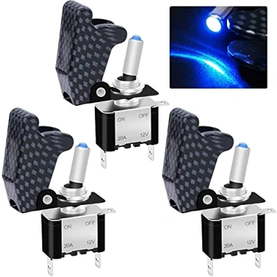 Image of Taiss/3Pcs Rocker Toggle Switch 12V 20A Heavy Duty Racing Car Automative Auto SPST ON/OFF Blue LED Illuminated 3Pin With Charcoal Grey Waterproof Safety Cover ASW 07DBU+GYM