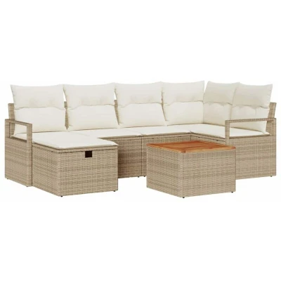 Image of vidaXL 7 Piece Garden Sofa Set with Cushions Beige Poly Rattan