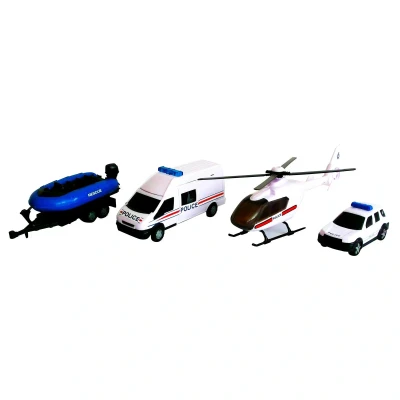 Image of MOTOR ZONE from Peterkin Police Emergency Team Toy Vehicles 4 piece free wheeling set including Van, Car, Helicopter and Rescue Boat 1:48 Scale Diecast Ages 3+