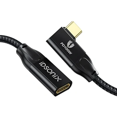 Image of iDsonix USB C Extension Cable Right Angle 1.6Ft Extender Support 20Gbps 3.2 Gen2x2 / 4k@60Hz 100W Fast Charging for Hub/Dell XPS/MacBook/iPad Pro, Nylon Braide