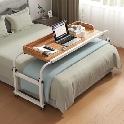 Image of Over Bed Table Adjustable Height,Overbed Computer with Wheels, Overbed Wheels Height(Color:Wood)