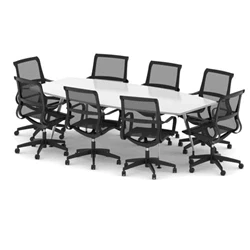 Image of High Gloss 2400mm Writable Boardroom Table White + 8 Mesh Chairs