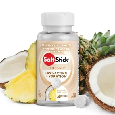 Image of SaltStick FastChews Electrolytes 60 Chewable Electrolyte Tablets Salt for Running, Fast Hydration, Leg Cramps Relief, Sports Recovery Non GMO, Vegan, Gluten Free (Coconut Pineapple)