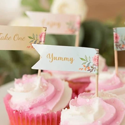 Image of Luck and 12 Floral Cupcake Flags, Alice in Wonderland Wedding Cake Toppers, Decoration, Afternoon Tea Party Flags