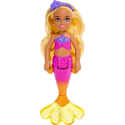 Image of Barbie Dreamtopia Chelsea Mermaid Small Doll with Removable Hair Accessory, Wavy Blonde &amp; Ombre Tail, Bends at Waist