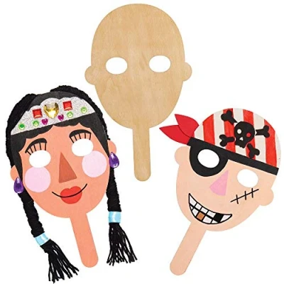Image of Baker Ross AT804 Wooden Face Masks Pack of 5, For Kids Arts and Crafts Projects, Dress Up Play Time