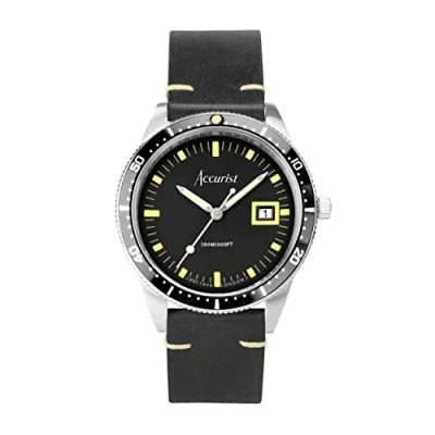 Image of Accurist Dive 42mm Quartz Watch in Black with Analogue Display, and Leather Strap 72001